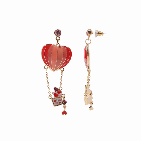 Romantic Hot Air Balloon Dangle Earrings with Heart and Floral Accents